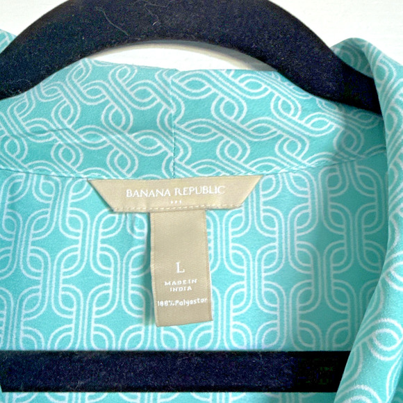 Banana Republic Womens Bow Blouse Sleeveless Tie Neck Sz L Aqua Mint Geometric - Picture 2 of 7